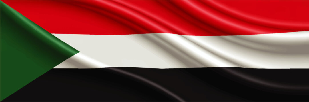Waving Sudan flag background with realistic fabric texture, red white black stripes and green triangle national symbol