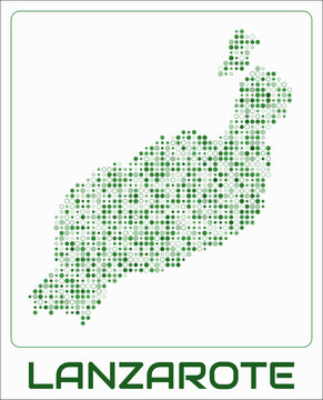 Lanzarote digital style map. Small circle dots on white background. Dotted shape of the island. Lanzarote map and title. Stylish vector illustration.