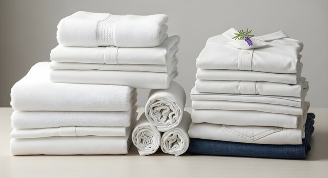 Stacks of neatly folded white towels on a table