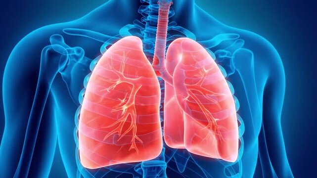 Human lung anatomy illustration showing internal respiratory system, suitable for medical research, health education, diagnostic video, and clinic.