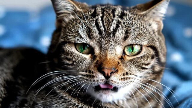 Close up portrait of a tabby cat with green eyes