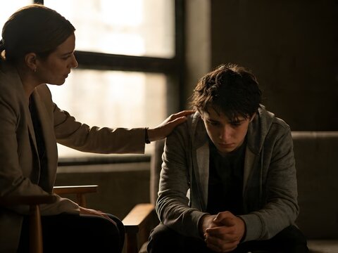 PTSD Mental Health Support, Psychologist Comforting Depressed Young Man in Therapy Session, Counseling, Emotional Support and Healing Concept