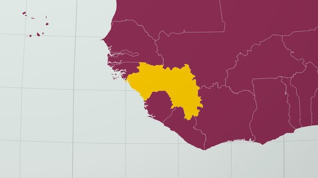 Guinea map. Animated zoom into the country on the Globe in Pale Mint Dark Pink color palette. Country logo animation with round text and airplanes. Map with meridians, parallels. Beautiful video.