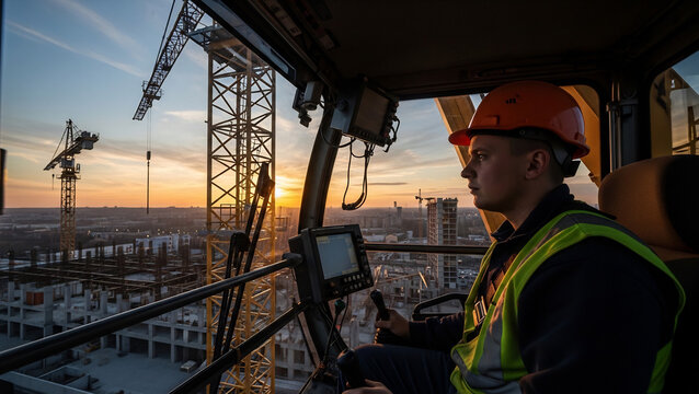 Crane Operator Working on a Construction Site at Sunset