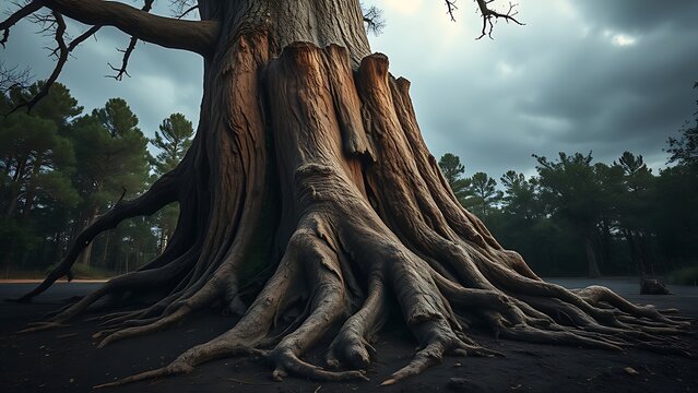 accuser. A large uprooted tree with exposed roots after a storm, dramatic natural scene. ESG reports, sustainability campaigns, designed for environmental awareness campaigns, used by professors.