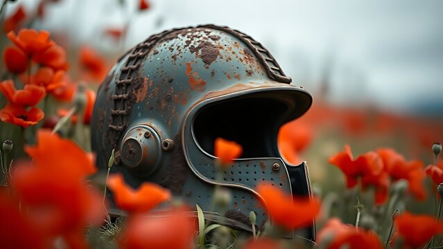 infamy. A rusted steel helmet among red poppies in a field. event programs, museum guides, cultural reports, designed for cultural heritage projects and event programs, used by retail merchandisers.
