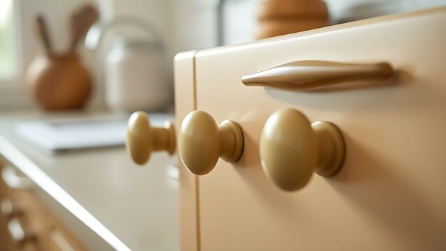 bakelite. Close-up of Art Deco style bakelite knobs on kitchen cabinet, vintage aesthetic. product launch decks, UI/UX mockups, designed for product launches and innovation pitches, clarifies data.
