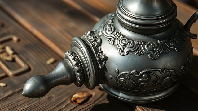 scamorza. Ornate pewter flagon with long spout on rustic wooden table, engraved details. bar promotions, beverage menus, designed for food & beverage menus and cafe branding, used by video editors.