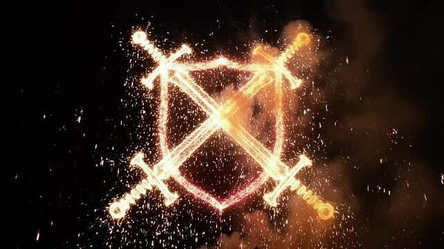 Glowing swords crossed in hexagon shape.