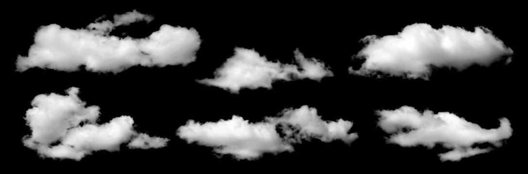 High resolution white cloud collection isolated on black background, realistic smoke and fog shapes for overlay design, atmospheric texture elements ideal for photo editing, compositing, and creative