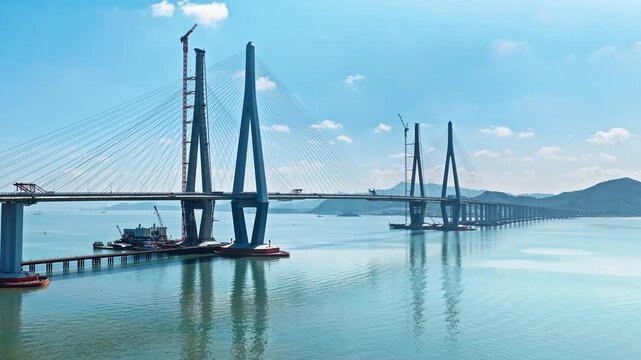 Aerial view of the magnificent cable-stayed Xiangshan Port Cross-Sea Bridge with traffic flow spanning the blue ocean in Ningbo, China