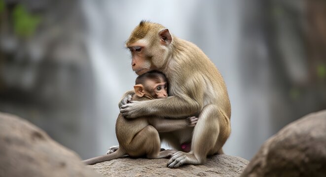 Mother monkey embracing her baby in a tranquil forest setting