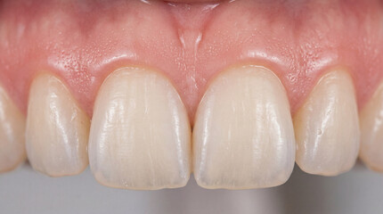 Obraz premium Detailed Macro View of Healthy Human Upper Front Teeth and Pink Gums for Dental Health Concepts