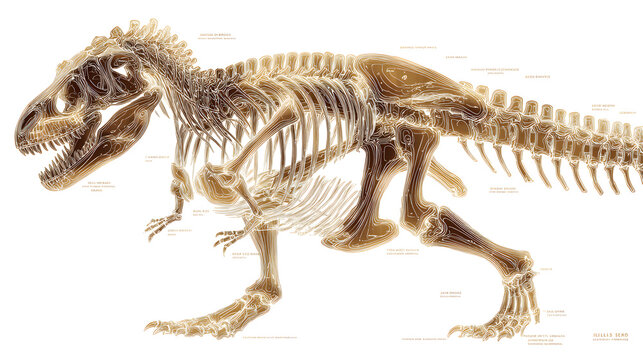 Isolated 3D illustration of a Tyrannosaurus rex skeleton fossil of a giant prehistoric carnivorous dinosaur skeleton