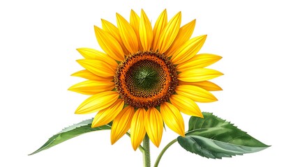 Fototapeta premium A vibrant sunflower with large yellow petals and green leaves