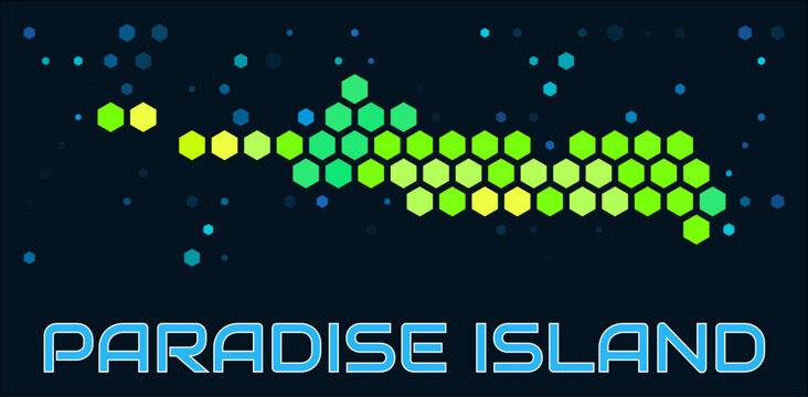 Paradise Island hexagon dots map. Digital style boundary shape. Paradise Island map and title. Large green colored hexagons, sparse blue dots at background. Vector Illustration.