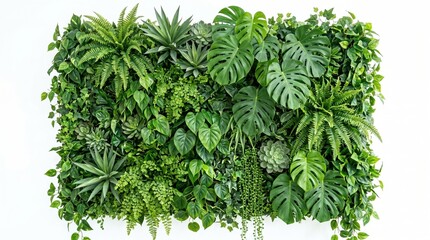 Naklejka premium Vertical green wall with lush tropical foliage including monstera and ferns on white background vertical tropical