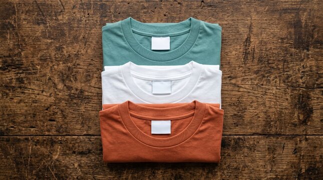 Stack of folded cotton t-shirts in green white and orange on rustic wooden background with background, merchandise