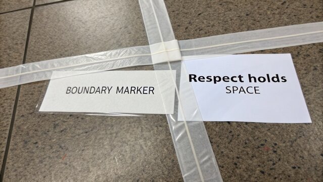 Boundary Marker Sign with Respect Holds Space Message on Floor for Visual Communication and Awareness Promotion
