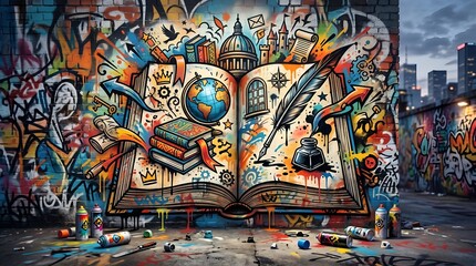 Fototapeta premium World Book Day Graffiti Illustration with Open Book and Floating Literary Symbols