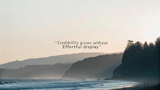 Calm coastal view with quote about credibility in the early morning light over a serene landscape near the shore