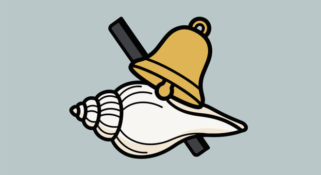 A vector illustration of a white conch shell and a golden brass bell.