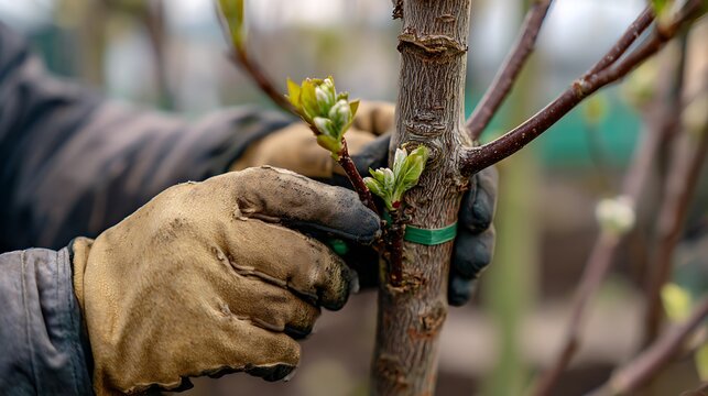 Grafting a young tree branch onto a mature tree trunk for propagation.