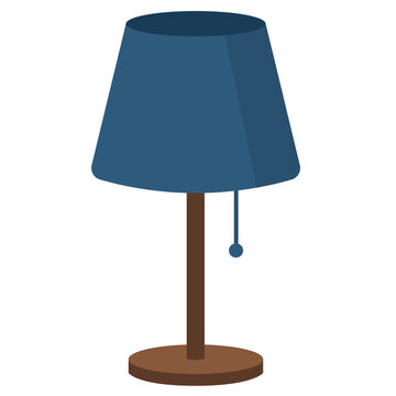 Blue table lamp with pull chain, bedside lighting fixture, home decor item, vector illustration icon.