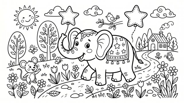 Animal Playing on Ground Coloring Book Line Art black and white, Drawing Book