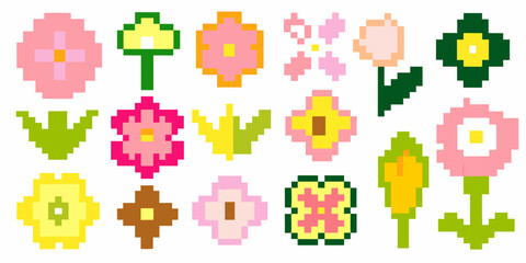 Naklejka premium Collection of colorful pixelated flowers and foliage arranged on a white background