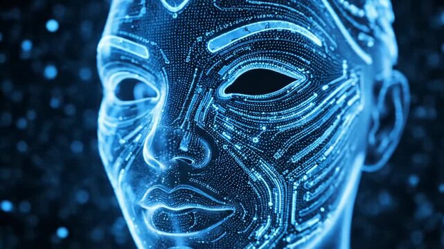 Futuristic glowing digital human face with circuit board patterns