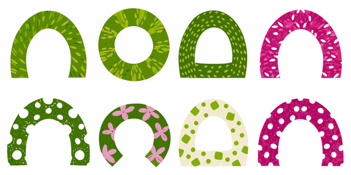 Colorful patterned horseshoe shapes arranged in two horizontal rows