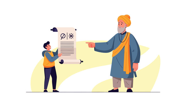 Elderly Sikh Guru pointing at a scroll held by a young student illustration.