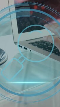 User right hand pressing laptop keys, starting cyber security HUD focusing ports with scanning line