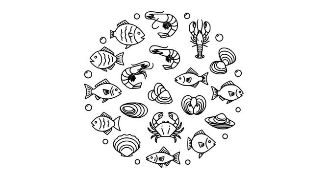 Seafood outline icon collection in circular layout fish shrimp crab and shellfish vector set isolated on white