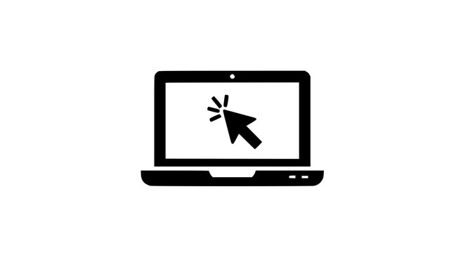 Laptop click cursor black and white flat vector icon simple digital device interaction symbol isolated on white