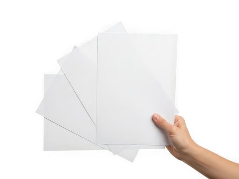 Hand holding blank white paper sheets isolated on a transparent background