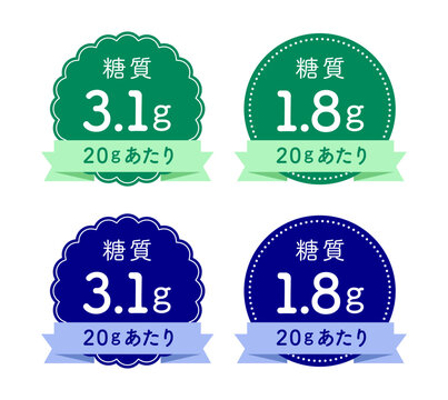 20グラム当たりの糖質量デザインバッジ｜フォレストグリーンやディープブルーの円形バッジにライトミントやペールブルーのリボンを添えた糖質含有量を明示する健康管理用ラベルセット