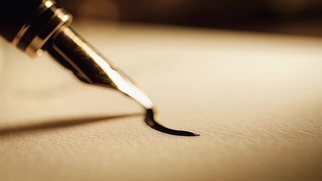 Elegant Fountain Pen Writing Smoothly on Textured Vintage Paper in Warm Soft Sunlight Close Up