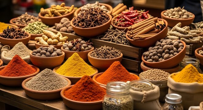 A vibrant array of dried spices and green herbs fills small bowls at a busy Indian market stall, offering healthy ingredients and spicy seasonings for traditional cuisine in this colorful bazaar