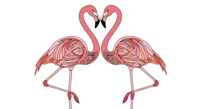 Pink flamingos, heart shaped necks, love birds, romantic vector icons, animal illustrations