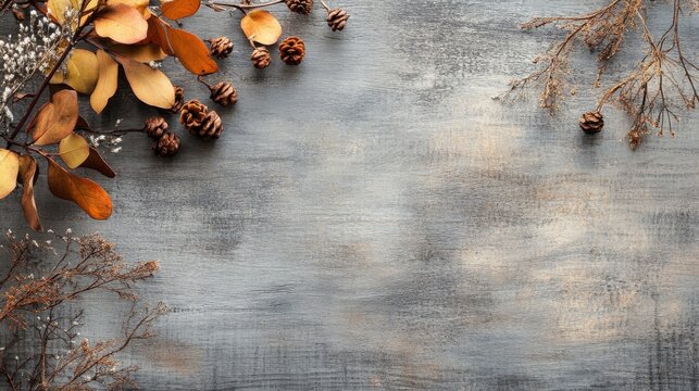 Autumnal arrangement of dried leaves, twigs, and pinecones on a rustic grey background