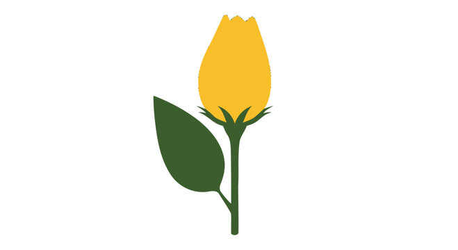 Minimalist vector illustration of a single yellow rosebud with green leaf.