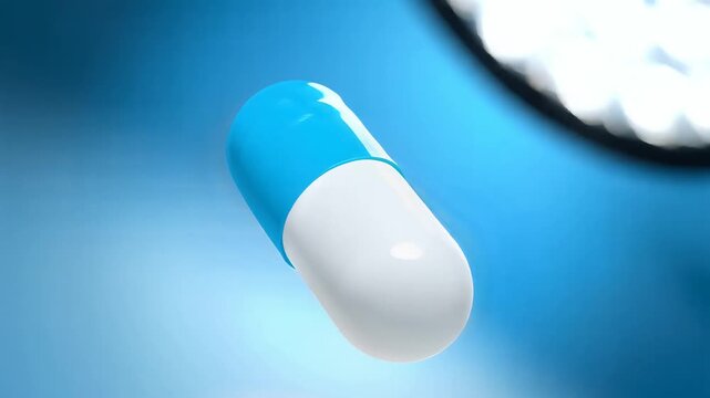 Floating blue and white medical capsule pill on a glowing blue background for healthcare concept
