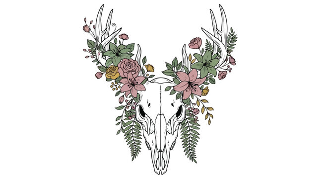 Bohemian deer skull vector illustration with floral antlers, rustic animal cranium with pink roses and green ferns, vintage boho wildlife art