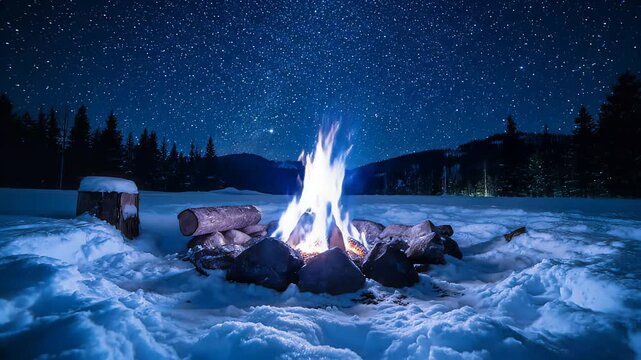Warm campfire glowing under a starry night sky in a snowy winter wilderness mountain landscape