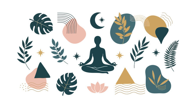Mindful meditation scene featuring botanical leaves, celestial symbols, and abstract shapes for inner peace and holistic wellness design