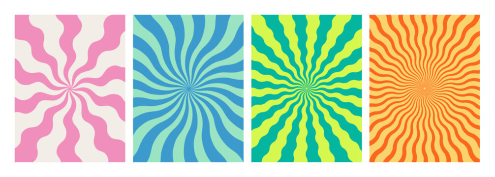 Swirl Spiral Sun Burst Backgrounds. Retro Psychedelic Groovy Pattern. Abstract Funky and Wavy Radial Graphic. Vintage Color Geometric Twirl Rays. Swirl Candy Caramel Fun Texture.