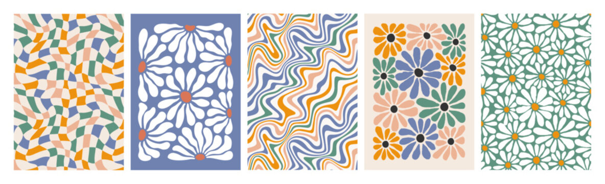 Groovy Daisy Flower Pattern. Abstract Psychedelic Retro Backgrounds. Vector Floral Seamless Texture. Vintage Summer Groovy Print.