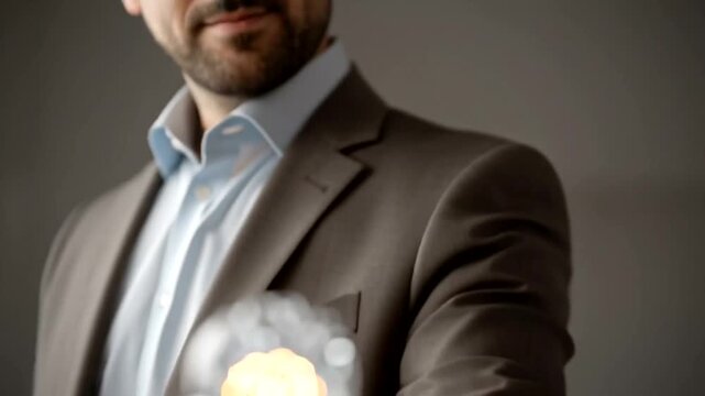 Businessman holding a glowing light bulb with a cloud icon, symbolizing innovative ideas and cloud computing solutions.